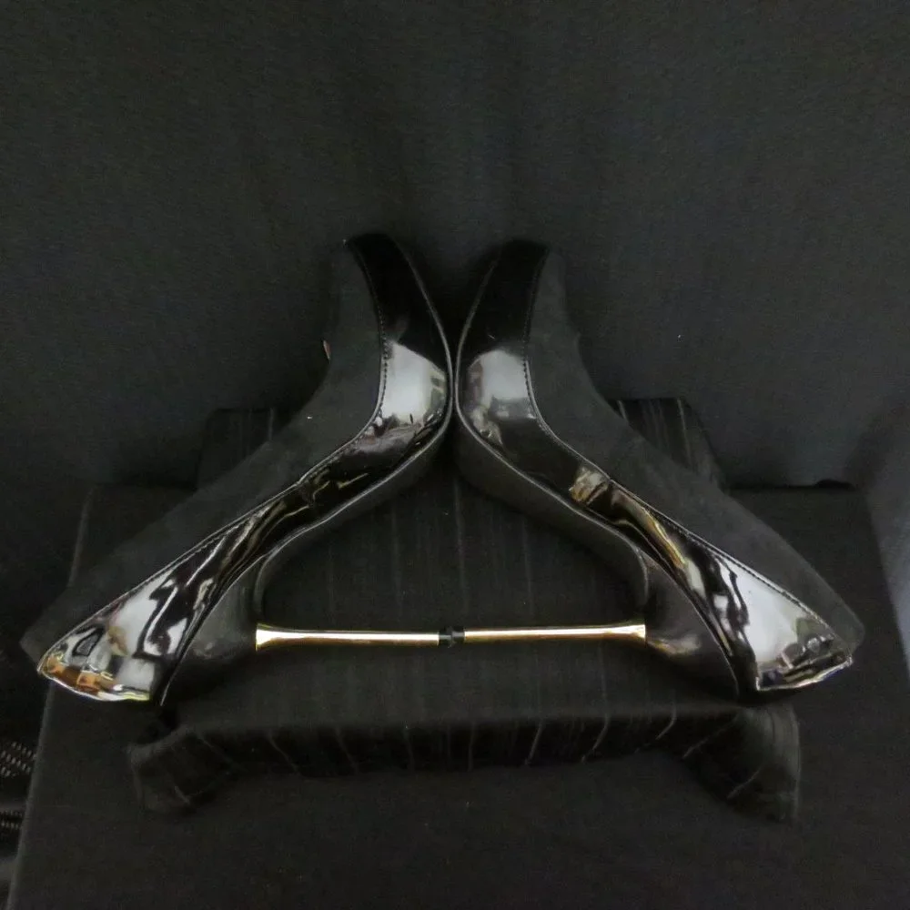 Shoedazzle Gwendolyn Shoes Black Patent Gold Platform Stiletto Pumps Size 8.5